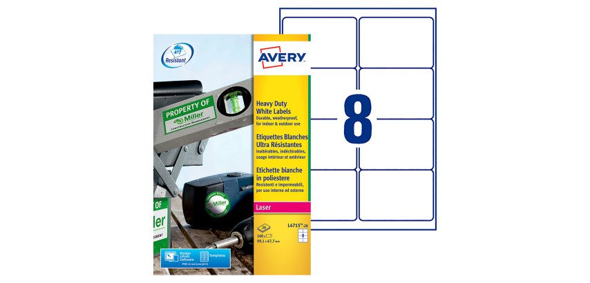 Etiquette ultra résistante laser 99,1 x 67,7 mm Avery L4715-20 blanche - Pochette de 160
