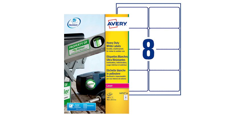 Etiquette ultra résistante laser 99,1 x 67,7 mm Avery L4715-20 blanche - Pochette de 160