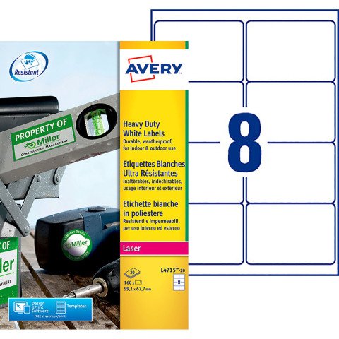 Etiqueta ultra resistente láser 99,1 x 67,7 mm Avery L4715-20 blanca - Paquete de 160