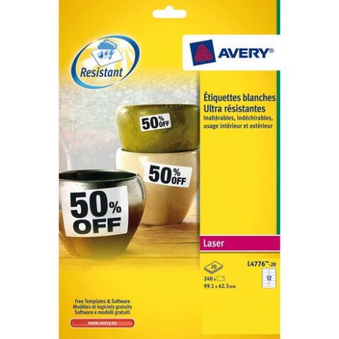 Pack von 240 weißen Etiketten gute Beständigkeit Avery Laser 99,1 x 42,3 mm L 4776-20