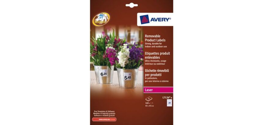 Etiquette ultra résistante enlevable laser 45 x 45 mm Avery L7126-8 blanche - Boîte de 160