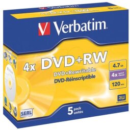 Pack de 5 DVD+ RW4x4 7GB 120 min. Verbatim