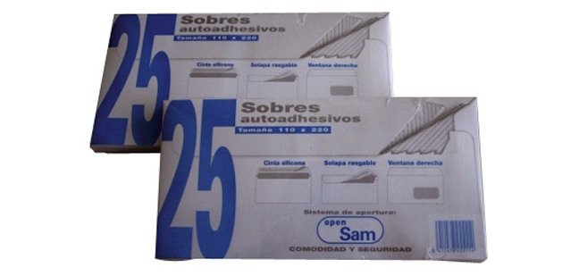 Sobres 110 x 220 mm con ventana derecha 90 g Sam - Paquete de 25