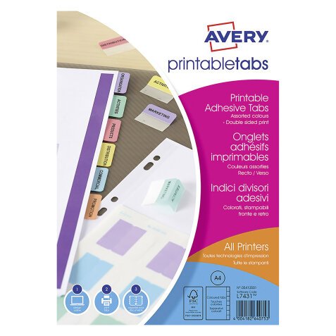 Onglet adhésif repositionnable imprimable couleurs assorties Avery - Lot de 96