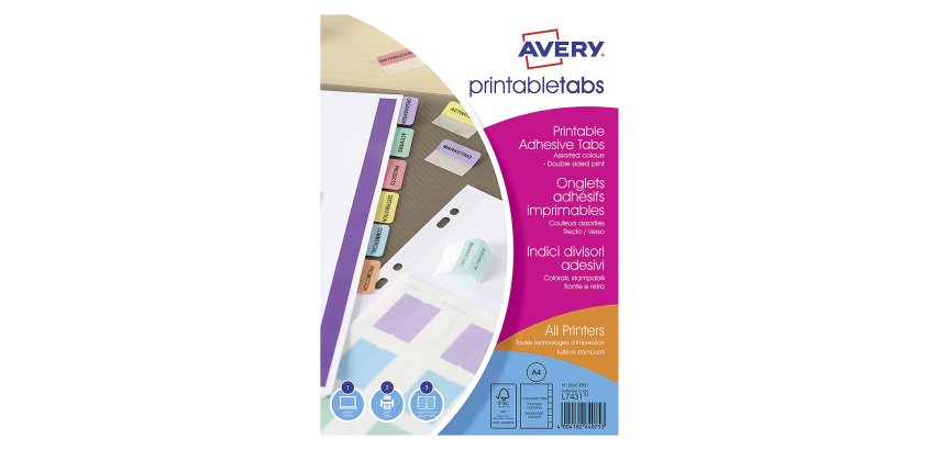 Onglet adhésif repositionnable imprimable couleurs assorties Avery - Lot de 96