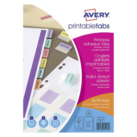 Lot de 96 onglets adhésifs imprimables et repositionnables Avery - couleurs assorties