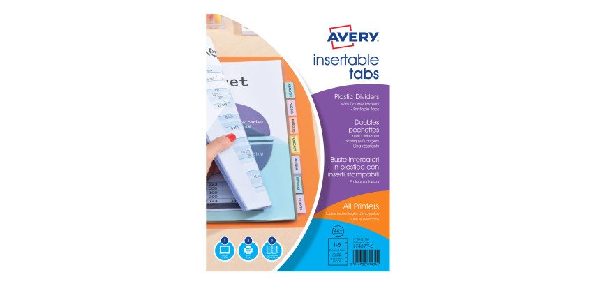 Double pochette intercalaire A4+ polypropylène coloré Avery 6 onglets multicolores - 1 jeu