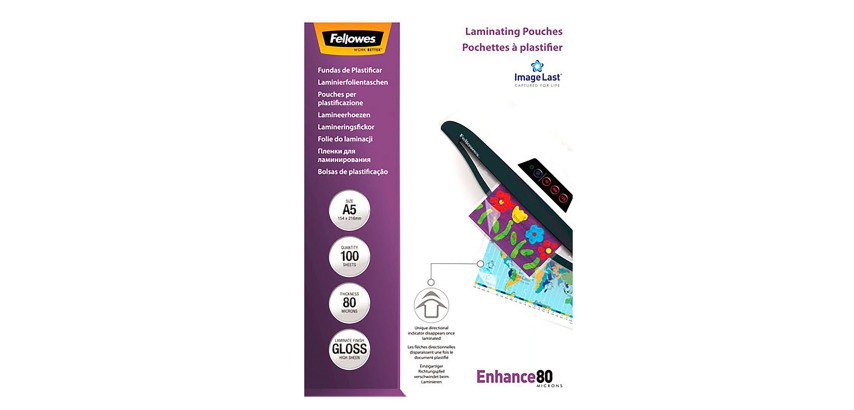 Paquete de 100 fundas de plastificación térmica A5 80 micras Fellowes Glossy