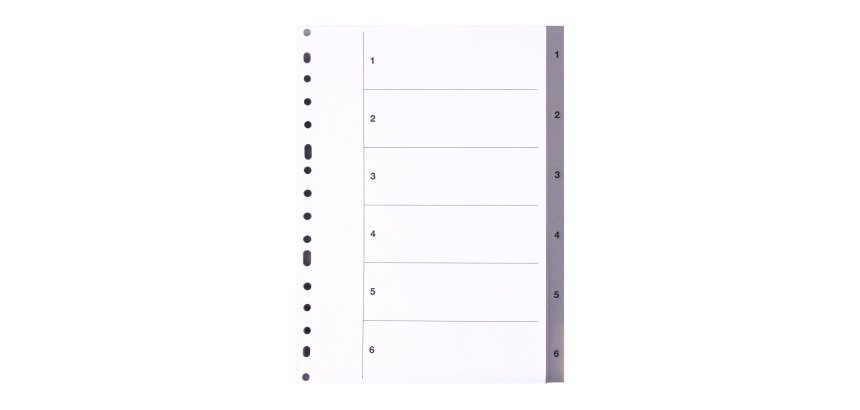 Separadores numéricos de polipropileno A4 6 divisiones gris