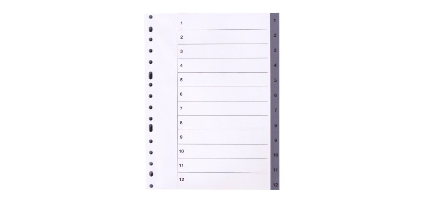 Separadores numéricos de polipropileno A4 12 divisiones gris
