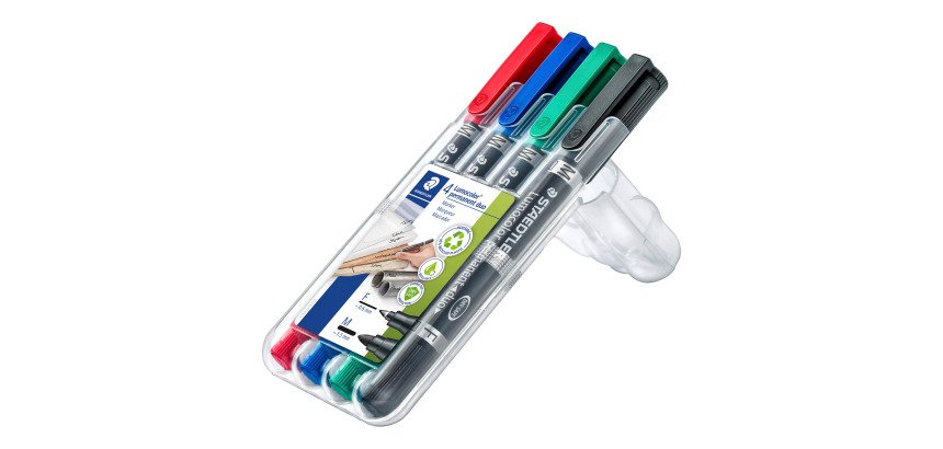 Rotulador permanente Staedtler Lumocolor Duo 348 puntas biseladas 1,5 mm y pincel 0,6 mm - Paquete de 4 colores surtidos