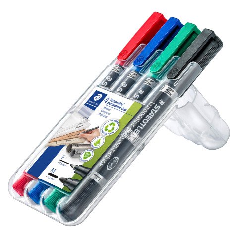 Rotulador permanente Staedtler Lumocolor Duo 348 puntas biseladas 1,5 mm y pincel 0,6 mm - Paquete de 4 colores surtidos