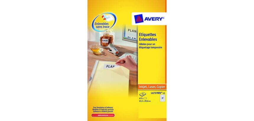 Etiquettes enlevables 63,5 x 29,6 mm Avery L4737-25 - Pochette de 675