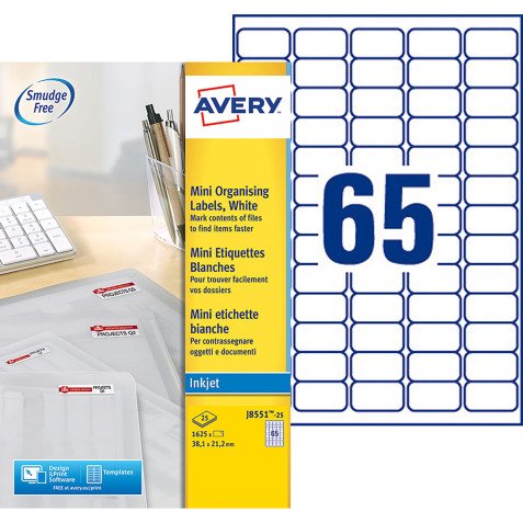 Package of 1625 address labels Avery J 8551 38,1 x 21,2 mm for inkjet printer