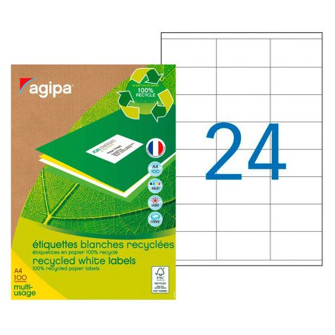 Doos van 2400 gerecycleerde adresetiketten 70 x 35 mm Agipa 101186 wit voor laser en inkjet