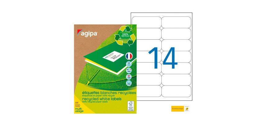 Etiquette adresse jet d'encre et laser recyclée 99,1 x 38,1 mm Agipa 101196 blanche - Boîte de 1400