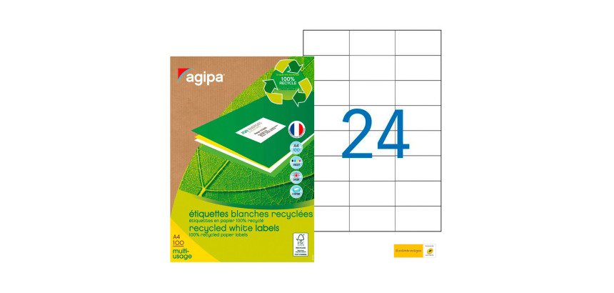 Etiquette adresse jet d'encre et laser recyclée 70 x 37 mm Agipa 101187 blanche - Boîte de 2400
