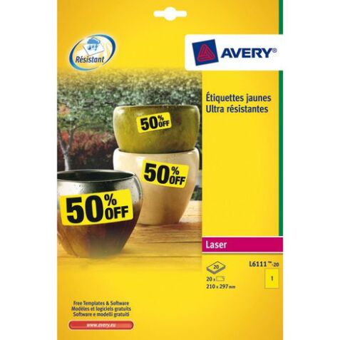 Box of 20 super strong labels Avery L6111 210 x 297 mm yellow for laser printer