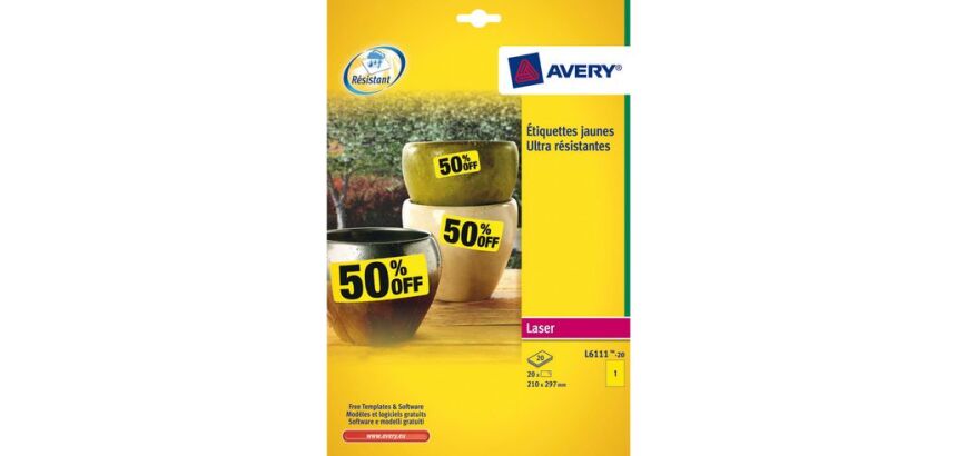 Etiquettes Avery ultra résistantes 210 x 297 mm L6111-20 jaune - Pochette de 20