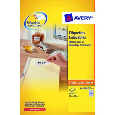 Etiqueta removible para tinta y láser 25,4 x 10 mm Avery L4731-25 blanco - Caja de 4725