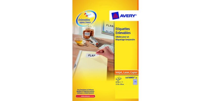 Pack 675 herabnehmbare Etikette Avery L 4730 17,8 x 10 mm für Laserdrucker