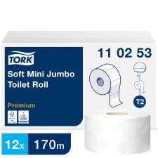 Toilet paper Mini Jumbo double thickness Tork T2 Premium - Box of 12 rolls 170 m