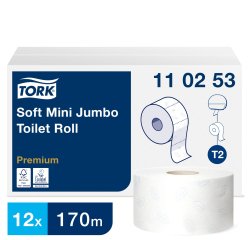 Papel higiénico mini Jumbo Tork Premium T2 doble capa 170 m - Pack de 12 rollos