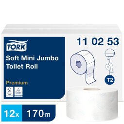 Toiletpapier Mini Jumbo dubbele dikte Tork T2 Premium - Doos van 12 rollen 170 m