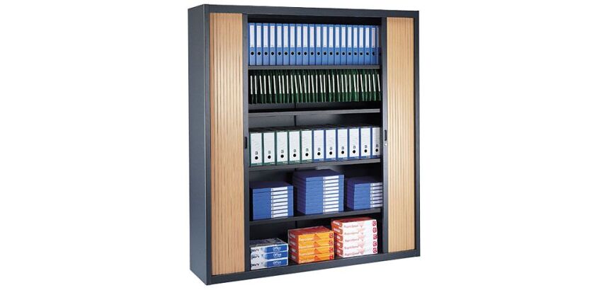 Armoire haute à rideaux démontables décor bois Largeurs spécifiques 200 x 180 cm corps anthracite