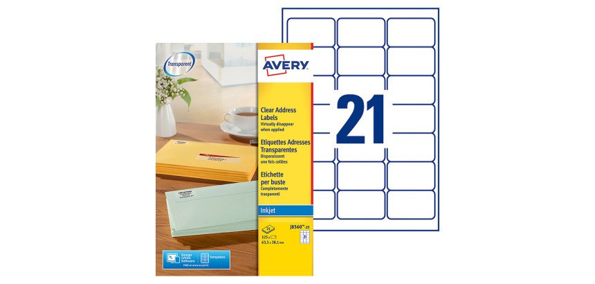 Etiquette adresse jet d'encre 63,5 x 38,1 mm Avery J8560-25 transparente - Pochette de 525