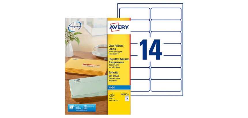 Etiquette adresse jet d'encre 99,1 x 38,1 mm Avery J8563-25 transparente - Pochette de 350