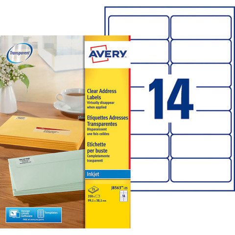 Etiquetas transparentes inkjet 99,1x38,1mm Avery J8563