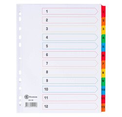 Intercalaire A4+ carte bristol blanche Bruneau 12 onglets numériques multicolores - 1 jeu