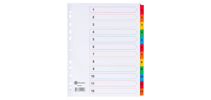 Intercalaire A4+ carte bristol blanche Bruneau 12 onglets numériques multicolores - 1 jeu