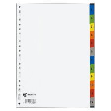 Intercalaire A4+ carte bristol blanche Bruneau 12 onglets numériques multicolores - 1 jeu