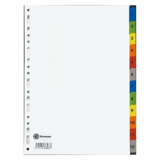 Intercalaire A4 carte bristol blanche Bruneau 12 onglets numériques  multicolores - 1 jeu sur