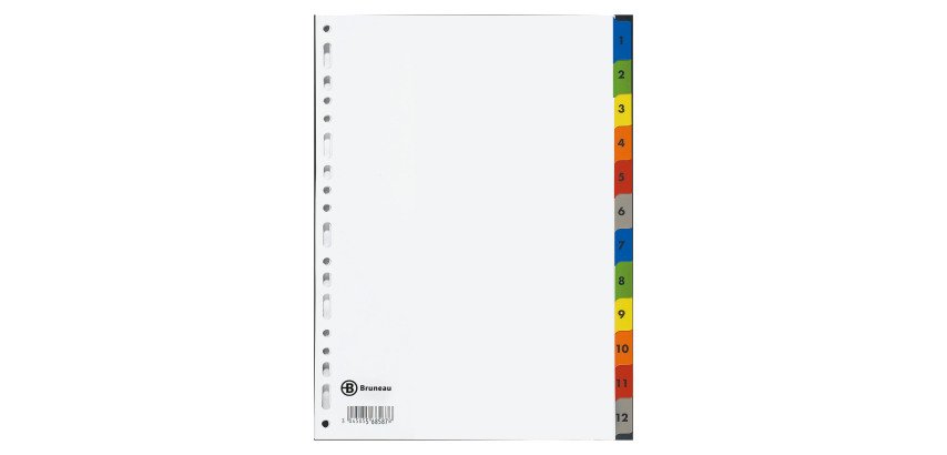 Intercalaire A4+ carte bristol blanche Bruneau 12 onglets numériques multicolores - 1 jeu