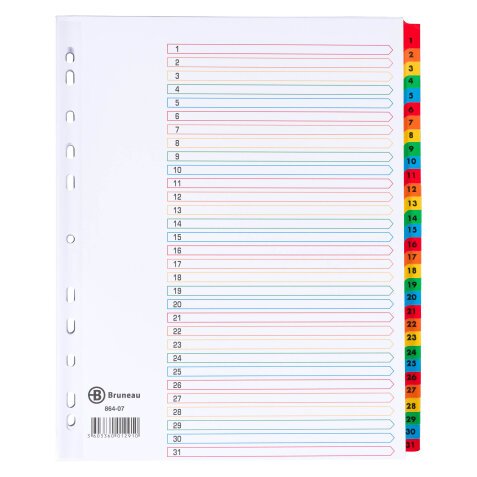 JMB set of large numbered dividers, Bristol board with Mylar tabs, 31 divisions