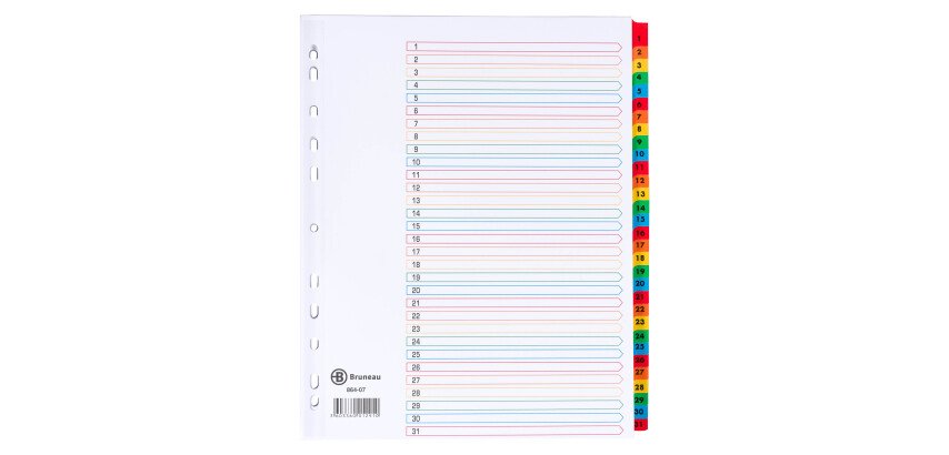 Intercalaire A4+ carte bristol blanche Bruneau 31 onglets numériques multicolores - 1 jeu