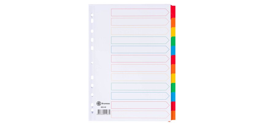 Intercalaire A4 carte bristol blanche Bruneau 12 onglets neutres multicolores - 1 jeu