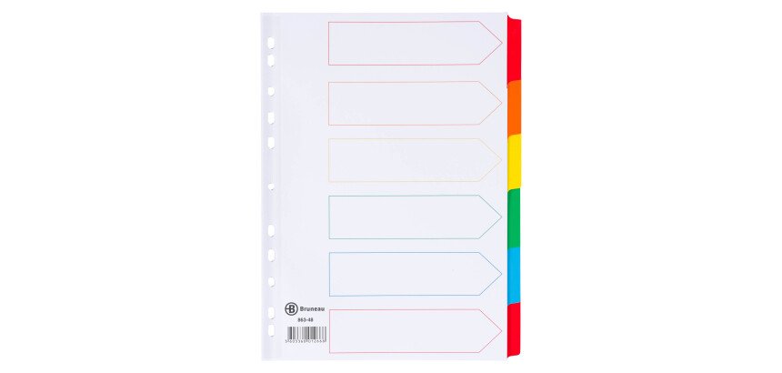 Intercalaire A4 carte bristol blanche Bruneau 6 onglets neutres multicolores - 1 jeu