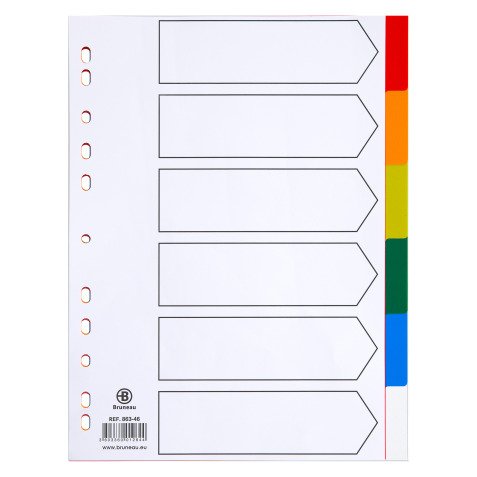 Intercalaire A4 polypropylène coloré Bruneau 6 onglets neutres multicolores - 1 jeu