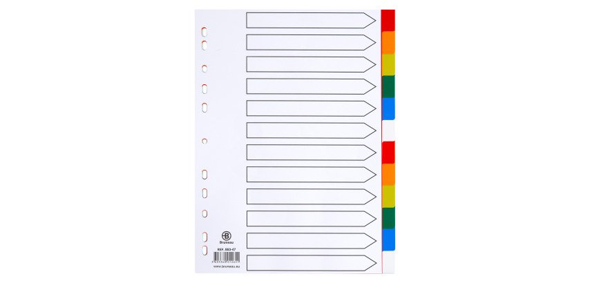 Intercalaire A4 polypropylène coloré Bruneau 12 onglets neutres multicolores - 1 jeu