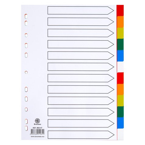 Intercalaire A4 polypropylène coloré Bruneau 12 onglets neutres multicolores - 1 jeu