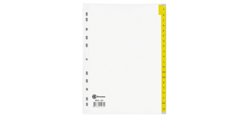 Intercalaire A4 carte bristol blanche Bruneau 20 onglets alphabétiques jaunes - 1 jeu