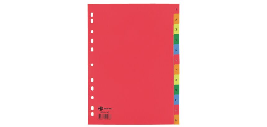 Intercalaire A4 polypropylène coloré Bruneau 12 onglets numériques multicolores - 1 jeu