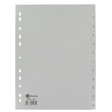 Intercalaire A4 polypropylène gris Bruneau 12 onglets numériques gris - 1 jeu