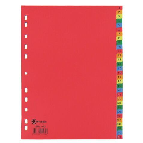 Intercalaire A4 polypropylène coloré Bruneau 31 onglets numériques multicolores - 1 jeu