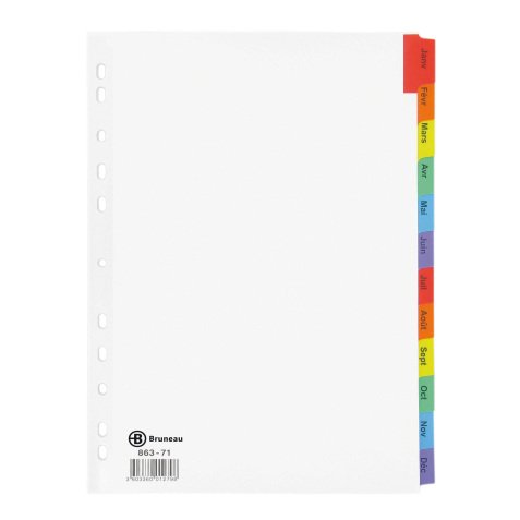 Intercalaire A4 carte bristol blanche Bruneau 12 onglets mensuels multicolores - 1 jeu