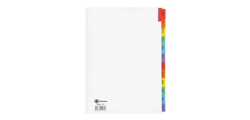 Maandelijkse tabbladen A4 wit Bristol papier Bruneau met 12 maandelijkse gekleurde tabbladen - 1 set